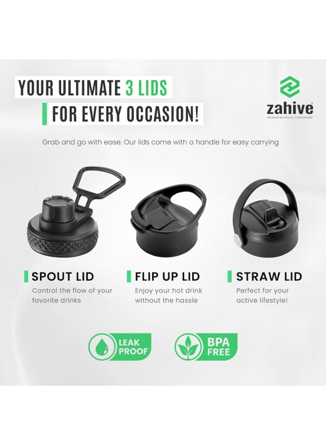 Zahive Stainless Steel Water Bottle 1l with 3 Lids & Bag - Insulated Water Bottle with Straw - 1000ml Double Wall Thermos Flask for Travel Hot & Cold Drinks, Sports, Gym, Leak Proof (32oz, Black) - Image 3