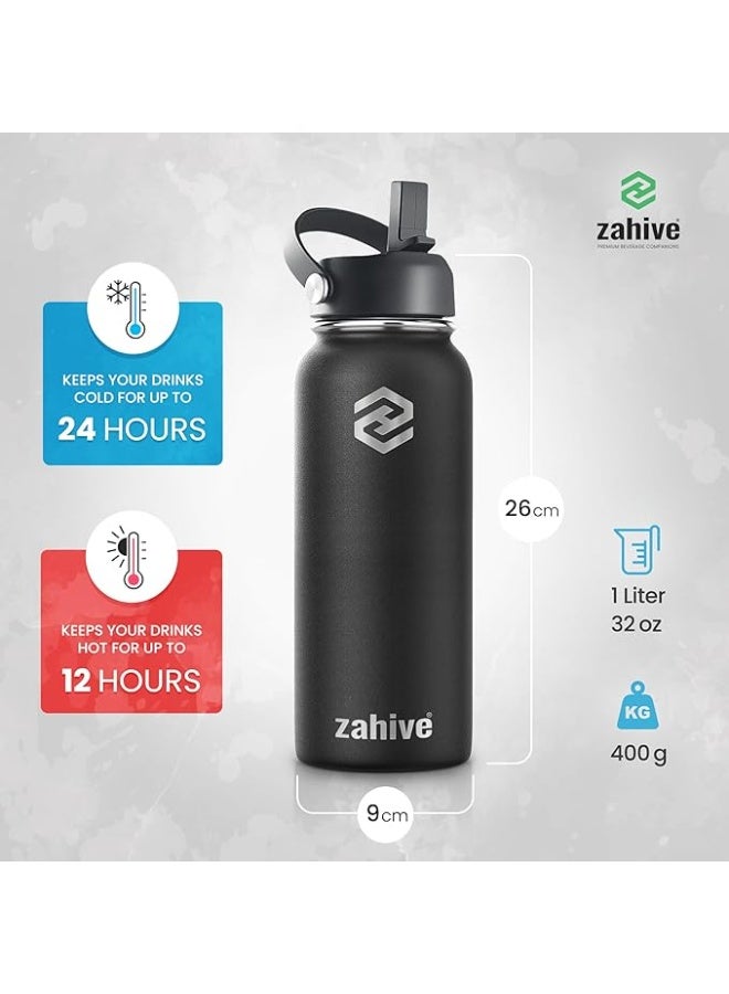 Zahive Stainless Steel Water Bottle 1l with 3 Lids & Bag - Insulated Water Bottle with Straw - 1000ml Double Wall Thermos Flask for Travel Hot & Cold Drinks, Sports, Gym, Leak Proof (32oz, Black) - Image 4