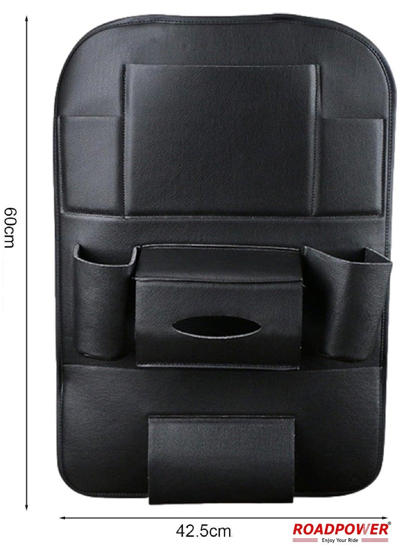 RoadPower Car Back Seat Organizer with Foldable Table Tray PU Leather Backseat Organizer Car Kick Mats Seat Back Protector Storage Pocket with Touch Screen Tablet Holder Black  - Image 2