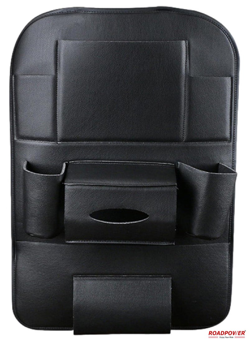 RoadPower Car Back Seat Organizer with Foldable Table Tray PU Leather Backseat Organizer Car Kick Mats Seat Back Protector Storage Pocket with Touch Screen Tablet Holder Black  - Image 1
