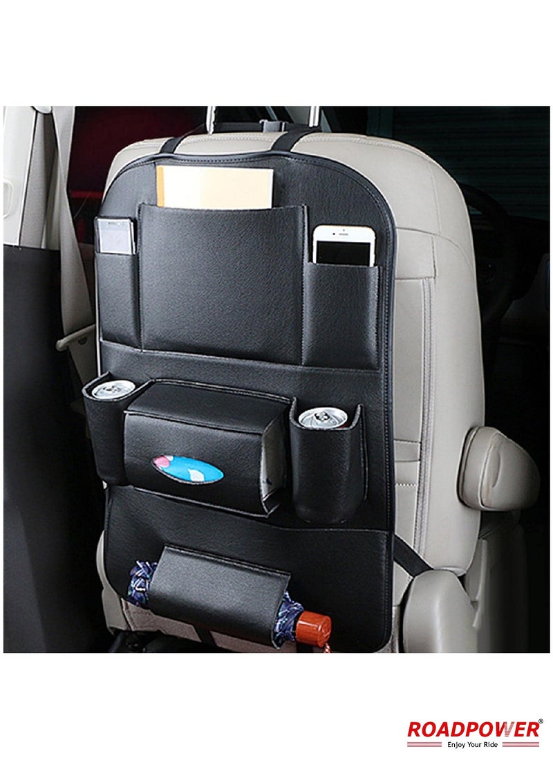 RoadPower Car Back Seat Organizer with Foldable Table Tray PU Leather Backseat Organizer Car Kick Mats Seat Back Protector Storage Pocket with Touch Screen Tablet Holder Black  - Image 3