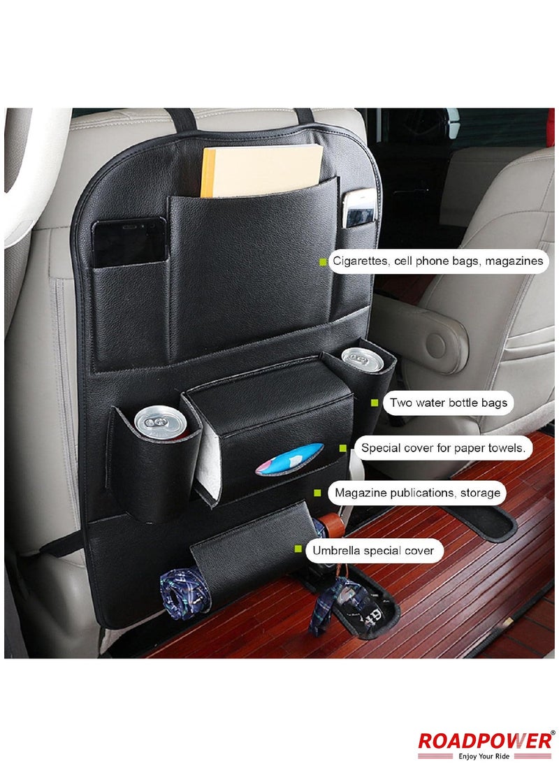 RoadPower Car Back Seat Organizer with Foldable Table Tray PU Leather Backseat Organizer Car Kick Mats Seat Back Protector Storage Pocket with Touch Screen Tablet Holder Black  - Image 5