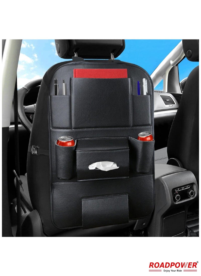 RoadPower Car Back Seat Organizer with Foldable Table Tray PU Leather Backseat Organizer Car Kick Mats Seat Back Protector Storage Pocket with Touch Screen Tablet Holder Black  - Image 4