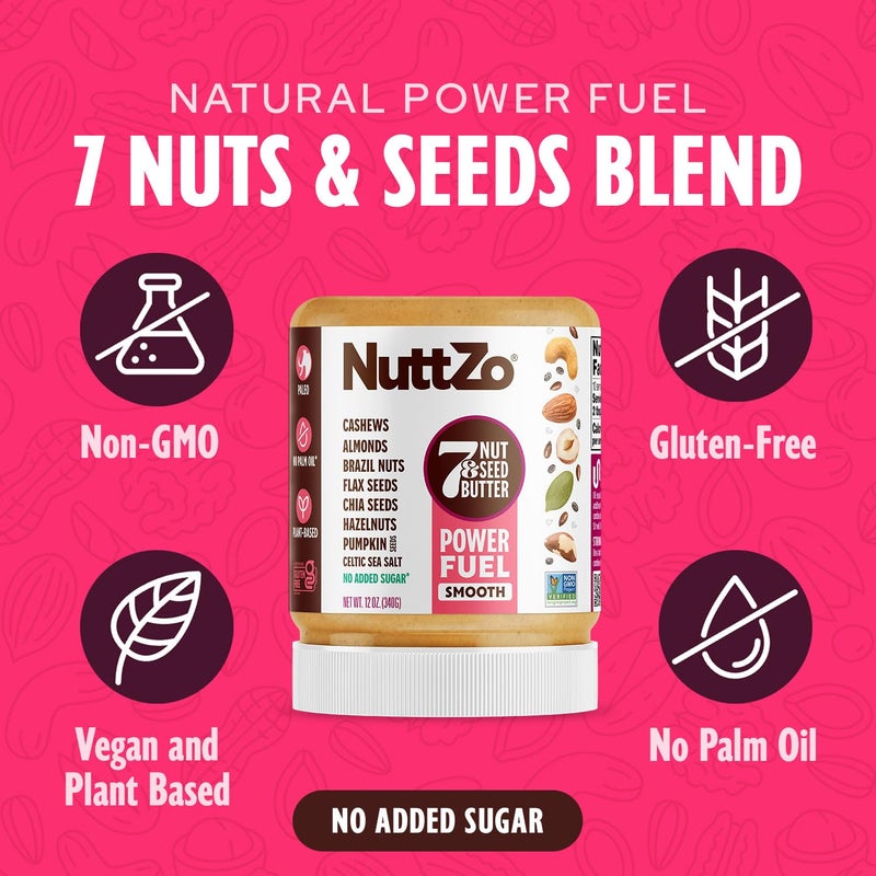 NuttZo Natural Power Fuel Smooth 7 Nuts & Seeds Butter Spread | Paleo and Keto Friendly | Peanut & Gluten Free, Kosher, No Added Sugar or Oil | 12 oz Jar, 6 Pack - Image 2