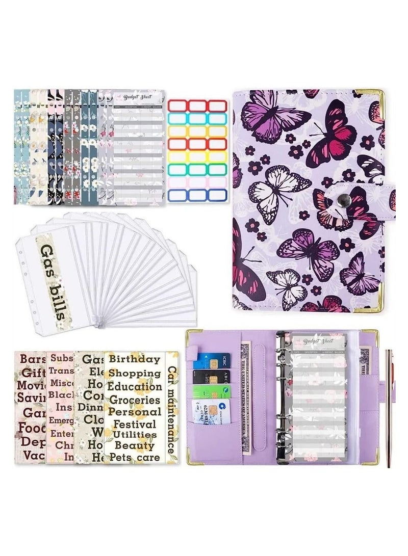 Y&D Budget Binder, A6 PU Leather Planner Notebook, Cash Envelopes for Budgeting, with 12 Zipper Pockets,12 Small Floral Cards,4 Flower-Shaped English Stickers, 24 1 Pen  - Image 1