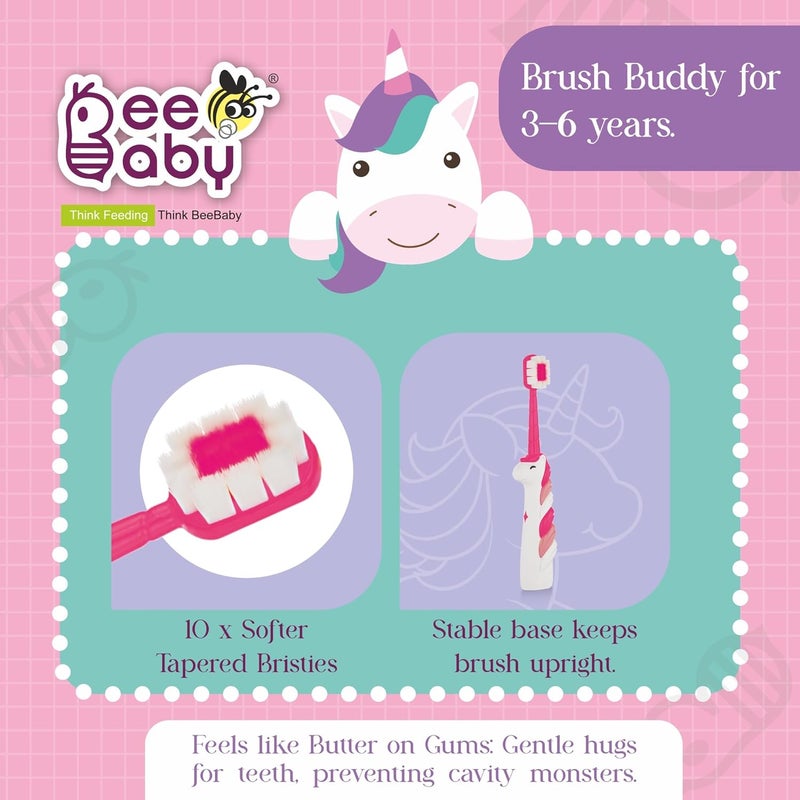 Beebaby Unicorn Brush Buddy Toothbrush for Kids 3-6 Years, Soft Handle for Easy Grip, 10 x Softer Tapered Bristles Ideal for Milk and Permanent Teeth, 100% BPA Free. Pink - Image 2