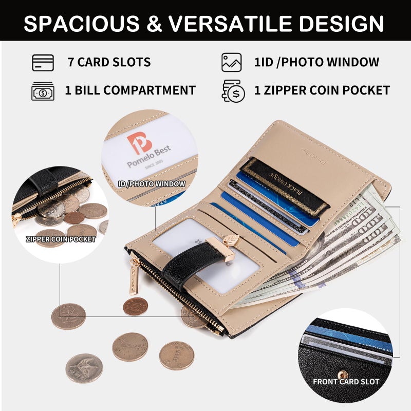 Pomelo Best Small Wallet Women Bifold Soft Leather Card Holder with ID Window Zipper Coin Pocket Wallets for Women Black - Image 3