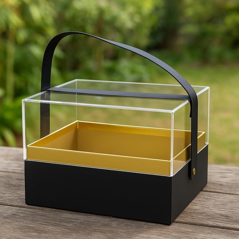 Fitto Transparent  Gift Acrylic Rectangular Box with Handle, 18x13.5x12.5cm, Black