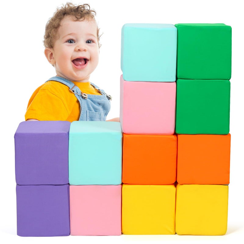 TRENDBOX Foam Blocks for Toddlers 12 PCS Soft Building Blocks for Kids Large Foam Cubes Colourful Stacking Block Sets Throw Play Toys with Washable CoverPink Light Blue Yellow Orange Green Purple - Image 3