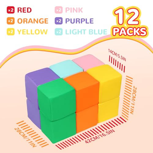 TRENDBOX Foam Blocks for Toddlers 12 PCS Soft Building Blocks for Kids Large Foam Cubes Colourful Stacking Block Sets Throw Play Toys with Washable CoverPink Light Blue Yellow Orange Green Purple - Image 5