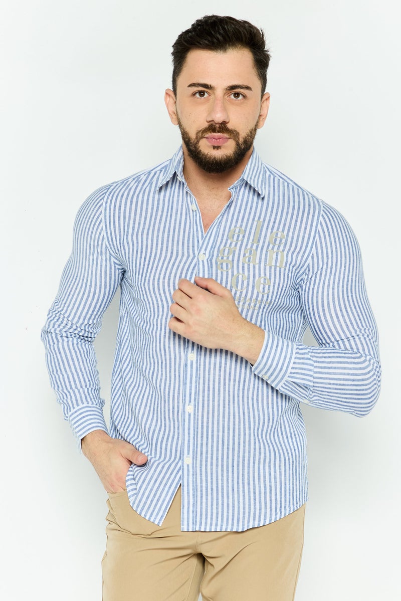 Gazzarrini قميص رجالي عادي بأكمام طويلة مخطط، أبيض - Image 1