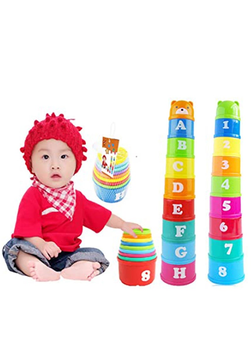 Excefore Stacking Cups, 9 pieces with letters and numbers, Sound Folding Cup Toy Stacking Cups Game Toy for Baby Kids Childrens Educational Toy Bath toys - Image 1