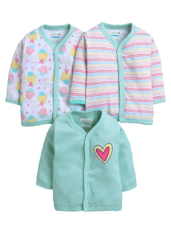 BUMZEE Baby Girls Cotton Full Sleeves Pack of 3 Regular Fit Jablas Mint Green & White - 3-6 Months (Peb11033C-mgn) - Image 1