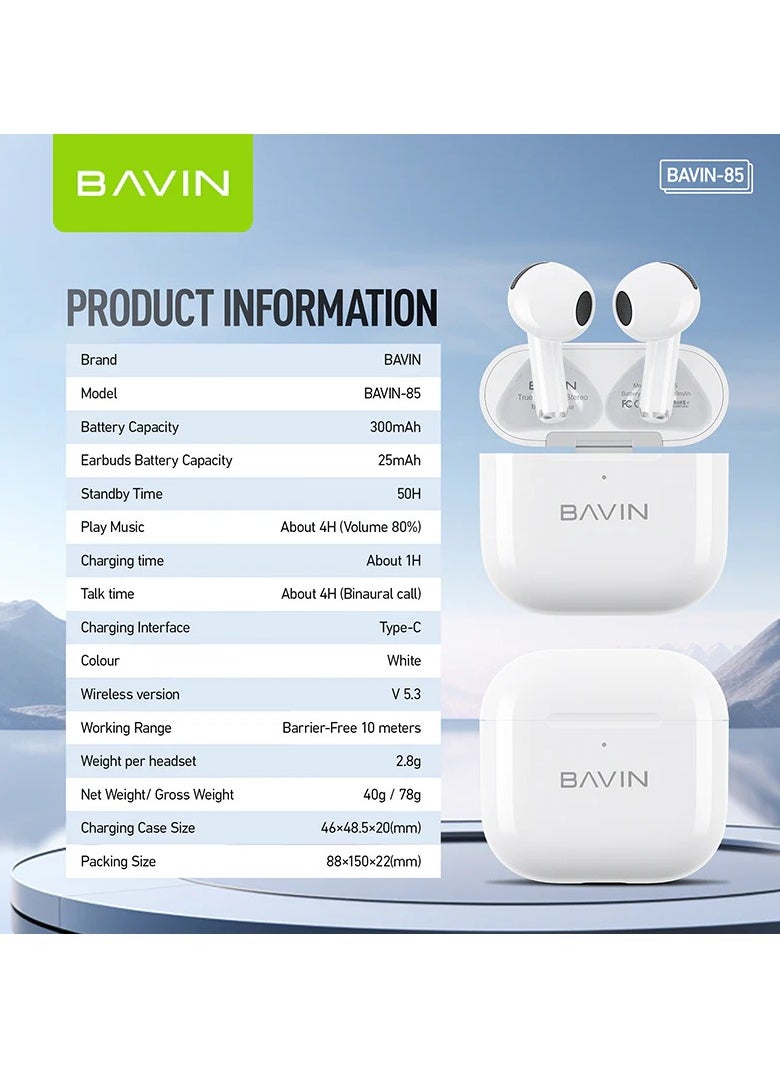 Bavin - BAVIN-85 TWS, Slim Streamlined Earphones, Perfect With Smart Touch Function, High-Fidelity Wireless - Image 1