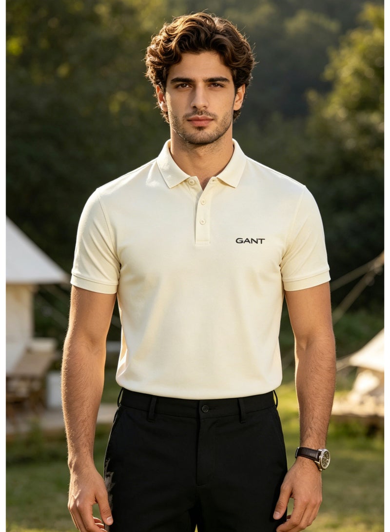 GANT Men's Short Sleeve Solid Polo Shirt, Classic Fit, Casual & Everyday Wear, Off-White - Image 3