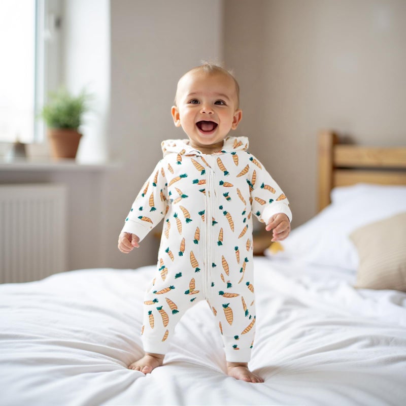 LAGKIYOJ Newborn Baby Easter Outfit Romper Carrot Print Bunny Ears Long Sleeve Hoodie Jumpsuit Fall Winter Baby Clothes (White, 0-3 Months) - Image 2