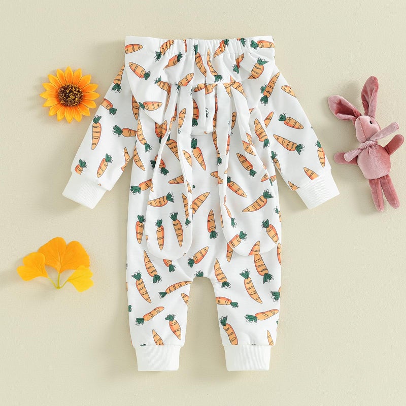 LAGKIYOJ Newborn Baby Easter Outfit Romper Carrot Print Bunny Ears Long Sleeve Hoodie Jumpsuit Fall Winter Baby Clothes (White, 0-3 Months) - Image 3