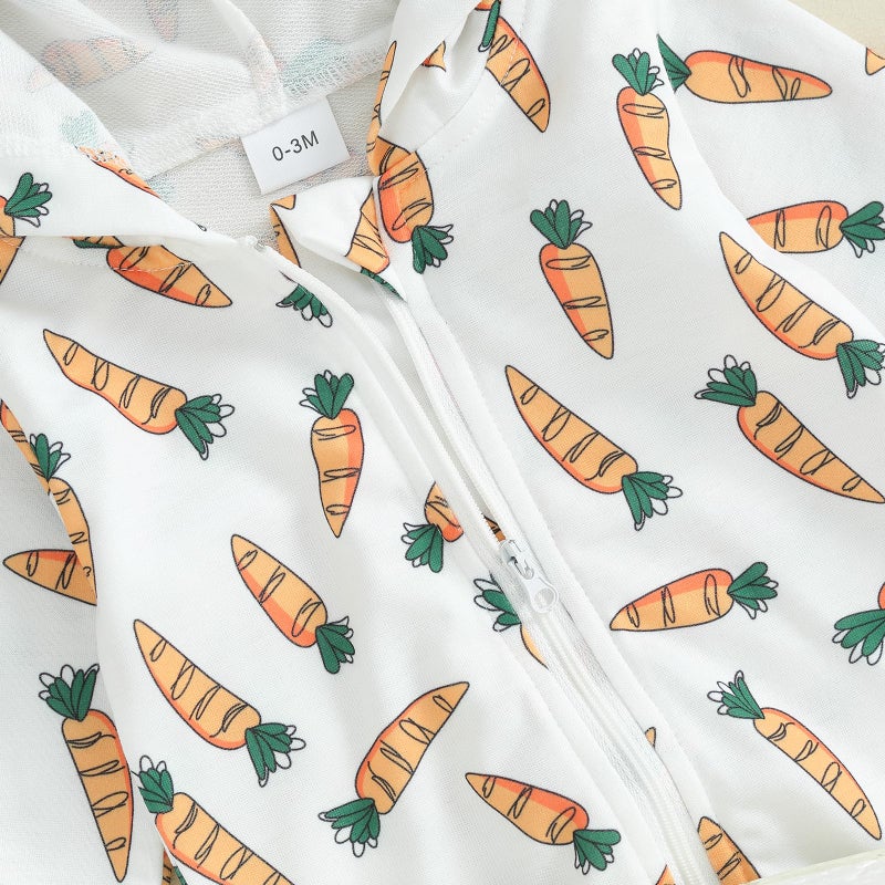 LAGKIYOJ Newborn Baby Easter Outfit Romper Carrot Print Bunny Ears Long Sleeve Hoodie Jumpsuit Fall Winter Baby Clothes (White, 0-3 Months) - Image 5