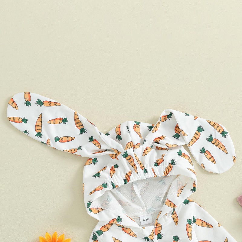 LAGKIYOJ Newborn Baby Easter Outfit Romper Carrot Print Bunny Ears Long Sleeve Hoodie Jumpsuit Fall Winter Baby Clothes (White, 0-3 Months) - Image 4