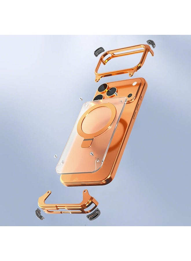 Aluminum Alloy Metal Kicktand Phone Case for iPhone 17 Pro Max Frameless Magnetic Ring Stand Shockproof Shell - Image 4