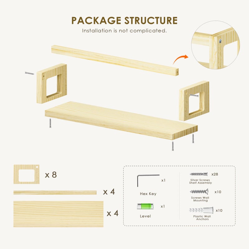Picrit Set of 4 Natural Solid Wood Nursery Floating Shelves - Decorative Wall-Mounted Kids Bookshelf for Toy Storage & Book Display in Playroom or Kids Room, Durable Organizer - Image 5