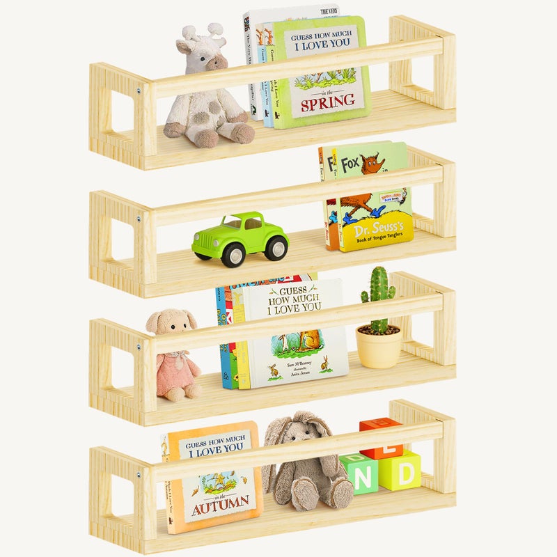 Picrit Set of 4 Natural Solid Wood Nursery Floating Shelves - Decorative Wall-Mounted Kids Bookshelf for Toy Storage & Book Display in Playroom or Kids Room, Durable Organizer - Image 1