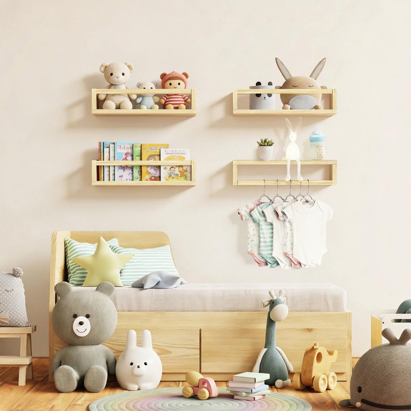Picrit Set of 4 Natural Solid Wood Nursery Floating Shelves - Decorative Wall-Mounted Kids Bookshelf for Toy Storage & Book Display in Playroom or Kids Room, Durable Organizer - Image 4