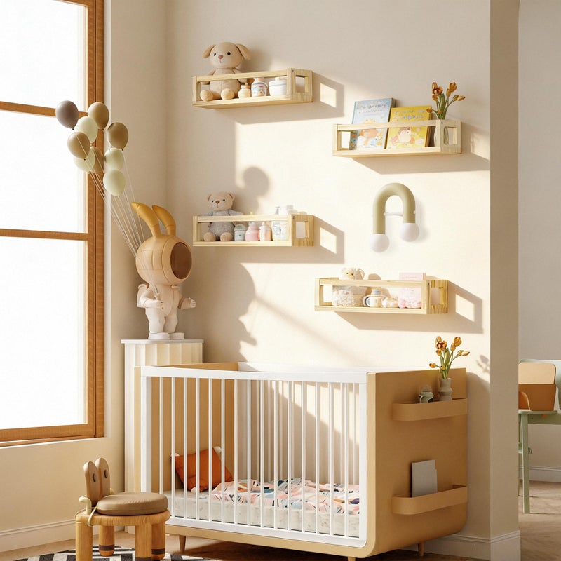 Picrit Set of 4 Natural Solid Wood Nursery Floating Shelves - Decorative Wall-Mounted Kids Bookshelf for Toy Storage & Book Display in Playroom or Kids Room, Durable Organizer - Image 2