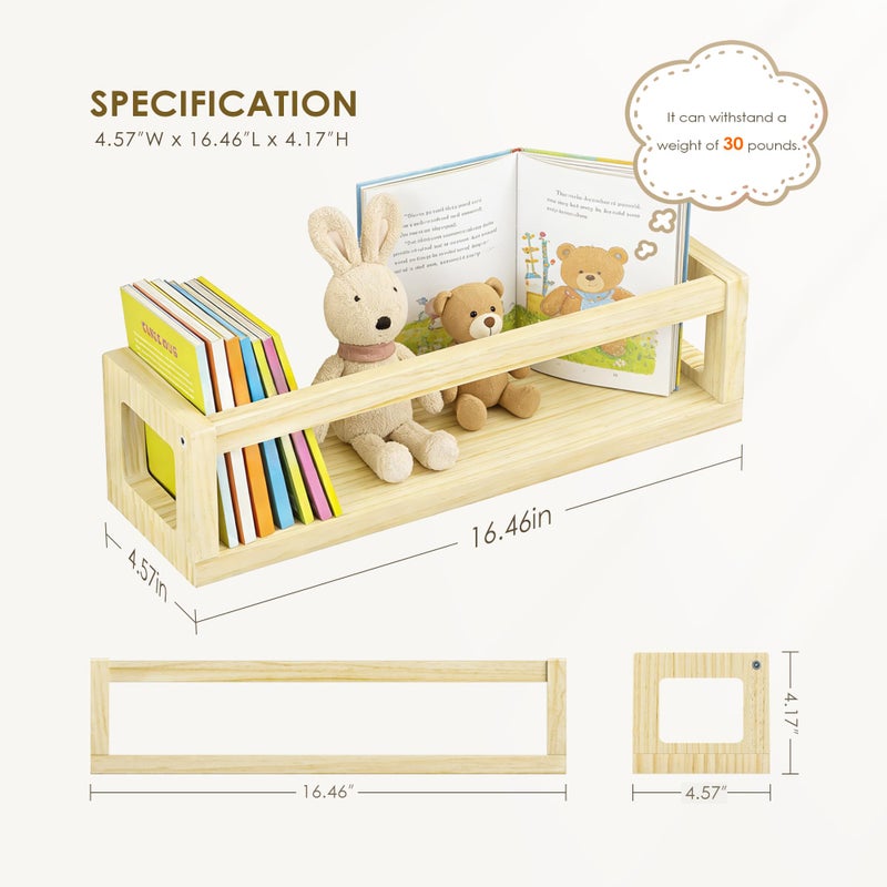 Picrit Set of 4 Natural Solid Wood Nursery Floating Shelves - Decorative Wall-Mounted Kids Bookshelf for Toy Storage & Book Display in Playroom or Kids Room, Durable Organizer - Image 3