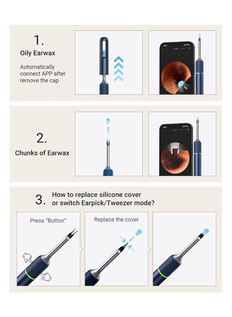 Note 5 Ear Wax Removal Tool with Ear Camera Ear Cleaner with Ear Pick and Tweezers Mode,1000W Ear Scope Universal Gyroscope for Earwax Removal