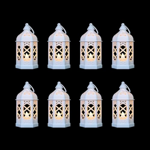 Reperla 8-Pack Mini Lanterns for Ramadan, Wedding,Halloween,Christmas, Small Decorative Lanterns with LED Candle for Baby Shower Party, Moroccan Lantern for Table Centerpiece, Medieval Decor, White - Image 1