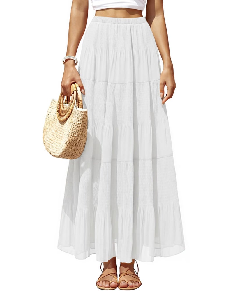 Yewanka Women's Chiffon Pleated Maxi Skirt Elastic High Waisted Boho A-Line Fall Flowy White Long Skirts with Lining - Image 1