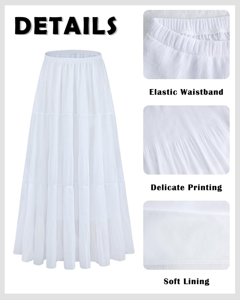 Yewanka Women's Chiffon Pleated Maxi Skirt Elastic High Waisted Boho A-Line Fall Flowy White Long Skirts with Lining - Image 4