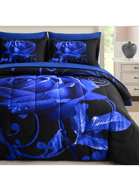 WONGS BEDDING Blue Comforter Set Queen 7 Pieces  Blue Rose Pattern Bed in a Bag  Lightweight Soft Microfiber Bedding Sets with Comforter  Flat Sheet  Fitted Sheet  Pillowcases