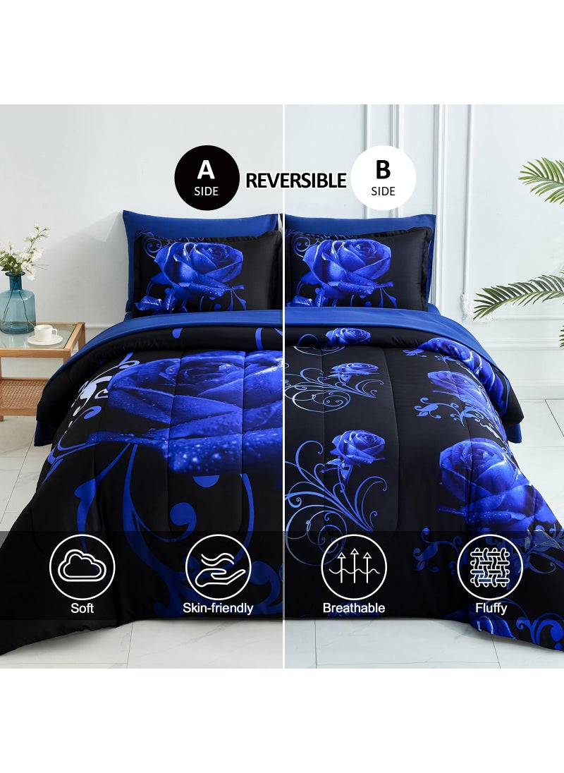 WONGS BEDDING WONGS BEDDING Blue Comforter Set Queen 7 Pieces  Blue Rose Pattern Bed in a Bag  Lightweight Soft Microfiber Bedding Sets with Comforter  Flat Sheet  Fitted Sheet  Pillowcases  - Image 2