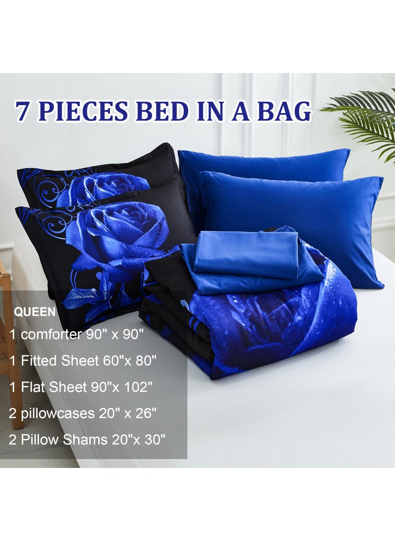 WONGS BEDDING WONGS BEDDING Blue Comforter Set Queen 7 Pieces  Blue Rose Pattern Bed in a Bag  Lightweight Soft Microfiber Bedding Sets with Comforter  Flat Sheet  Fitted Sheet  Pillowcases  - Image 4
