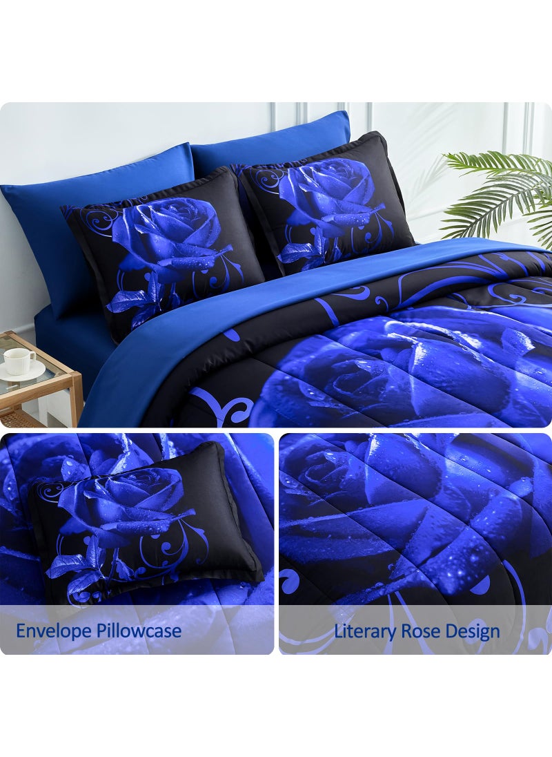 WONGS BEDDING WONGS BEDDING Blue Comforter Set Queen 7 Pieces  Blue Rose Pattern Bed in a Bag  Lightweight Soft Microfiber Bedding Sets with Comforter  Flat Sheet  Fitted Sheet  Pillowcases  - Image 5