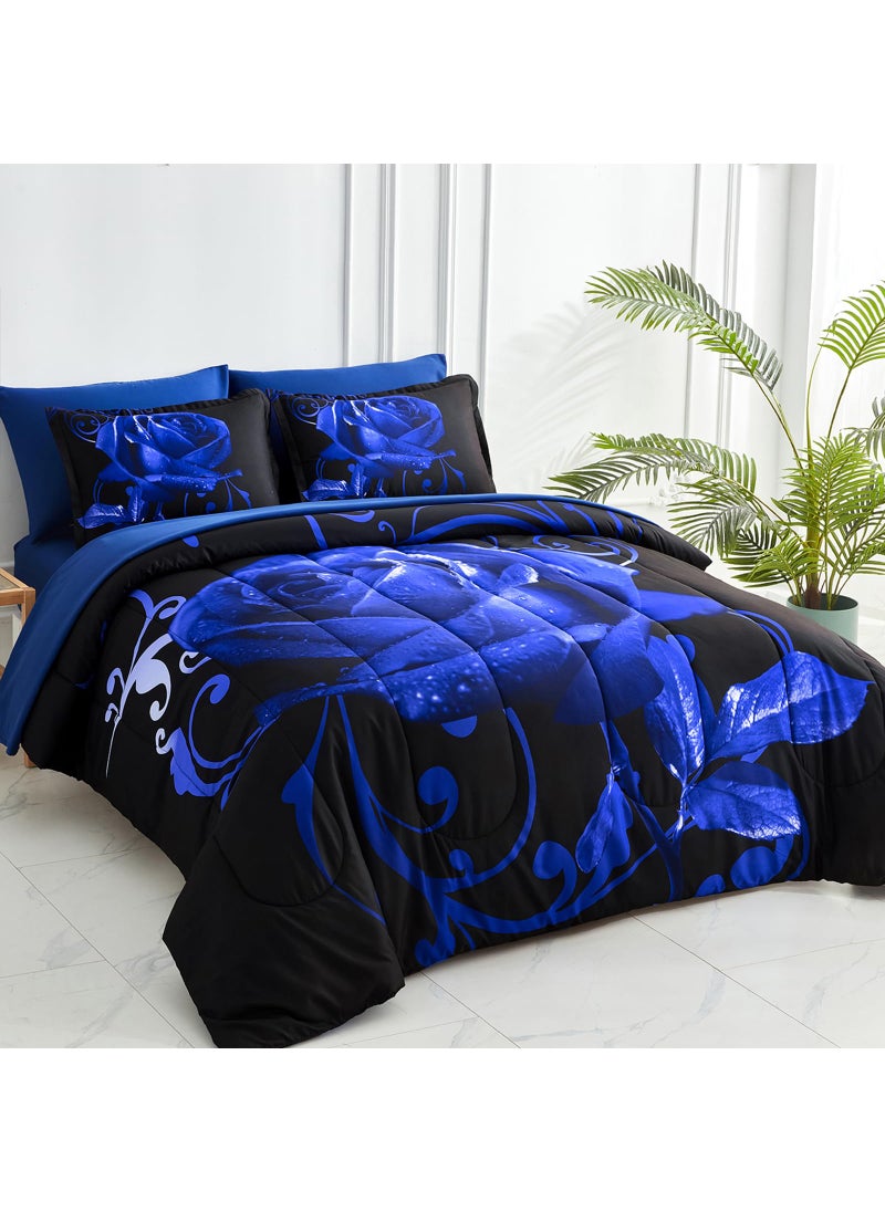 WONGS BEDDING WONGS BEDDING Blue Comforter Set Queen 7 Pieces  Blue Rose Pattern Bed in a Bag  Lightweight Soft Microfiber Bedding Sets with Comforter  Flat Sheet  Fitted Sheet  Pillowcases  - Image 3