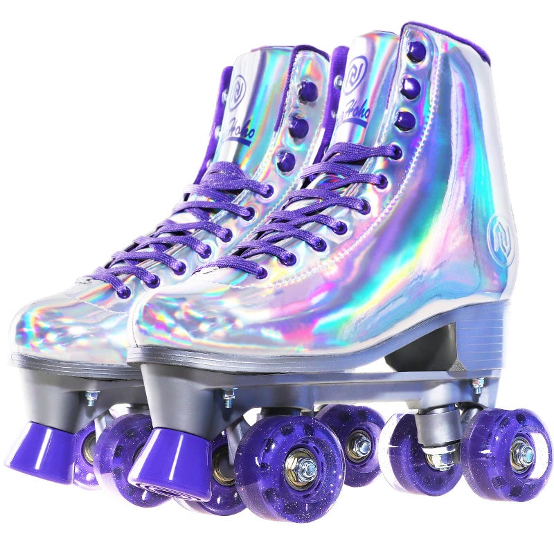 JajaHoho Roller Skates for Women Holographic High Top Classic Rollerskates Shiny DoubleRow Glitter Four Wheels Quad Skates for Girls Age 350 Indoor Outdoor Size 9 Silver Purple