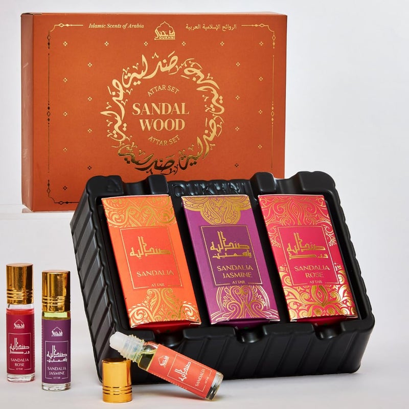 DUKHNI Sandalwood Attar Oil Set by Dukhni Arabian sandalwood perfume oils 3 assorted scents x 6ml Alcohol free Vegan Sandalia Collection Set for Gifting Chandan Prayer Oils Islamic Fragrances - Image 1