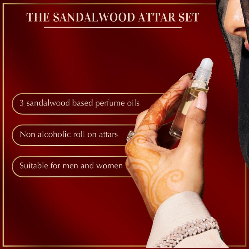 DUKHNI Sandalwood Attar Oil Set by Dukhni Arabian sandalwood perfume oils 3 assorted scents x 6ml Alcohol free Vegan Sandalia Collection Set for Gifting Chandan Prayer Oils Islamic Fragrances - Image 2