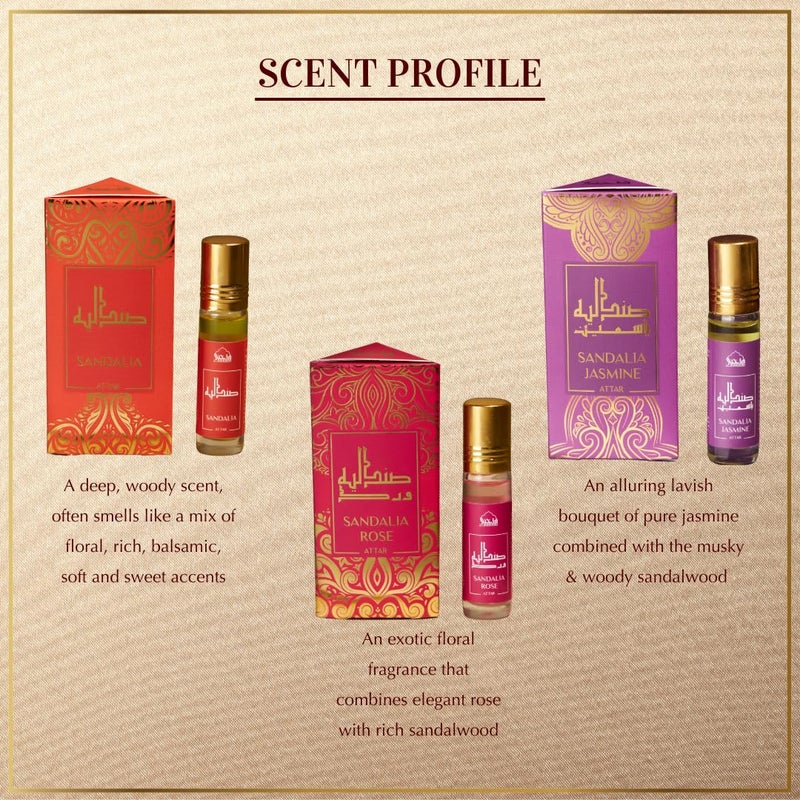 DUKHNI Sandalwood Attar Oil Set by Dukhni Arabian sandalwood perfume oils 3 assorted scents x 6ml Alcohol free Vegan Sandalia Collection Set for Gifting Chandan Prayer Oils Islamic Fragrances - Image 3