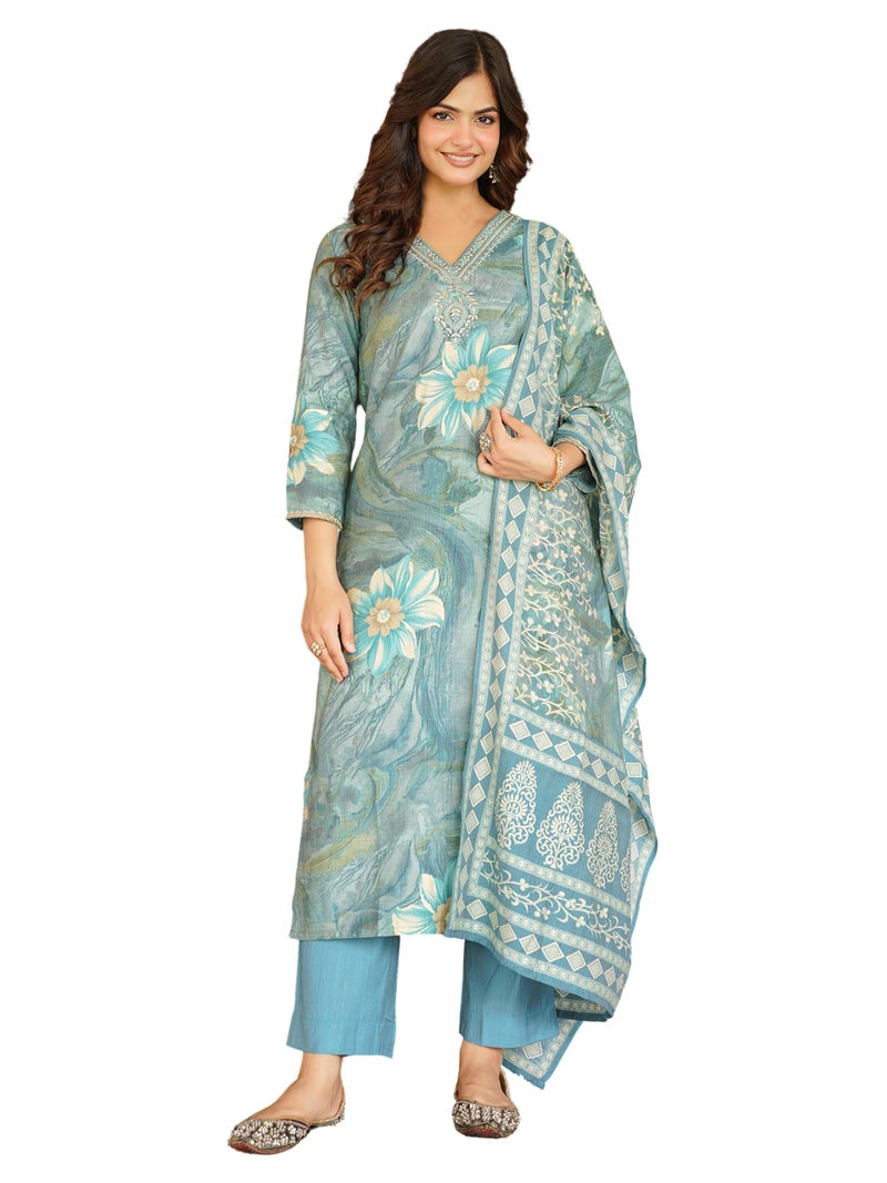 Vaamsi Women's Blue Viscose Rayon Embroidered Straight Floral Kurta Trousers With Dupatta Set | Daily Straight Kurta Set For Women | Floral Salwar Suit For Women (SKSKD3125, L) - Image 1