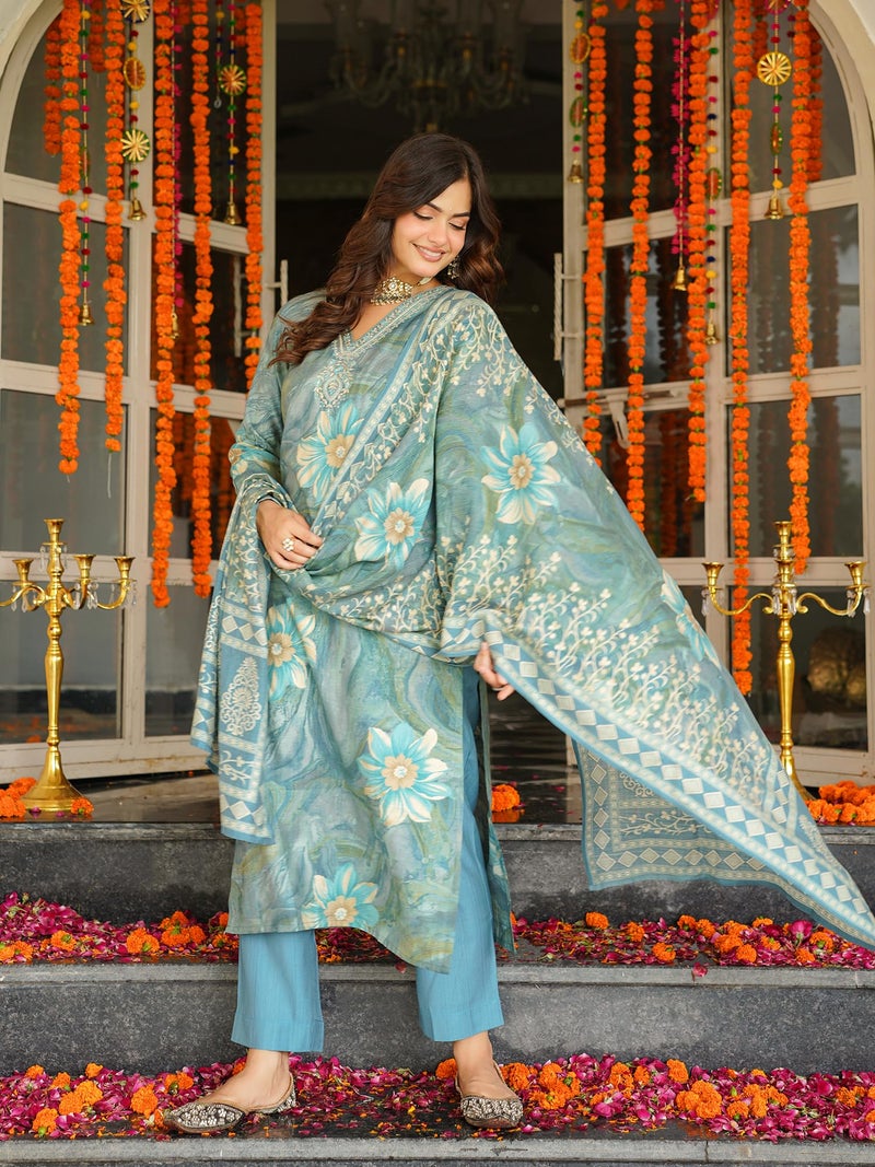 Vaamsi Women's Blue Viscose Rayon Embroidered Straight Floral Kurta Trousers With Dupatta Set | Daily Straight Kurta Set For Women | Floral Salwar Suit For Women (SKSKD3125, L) - Image 3