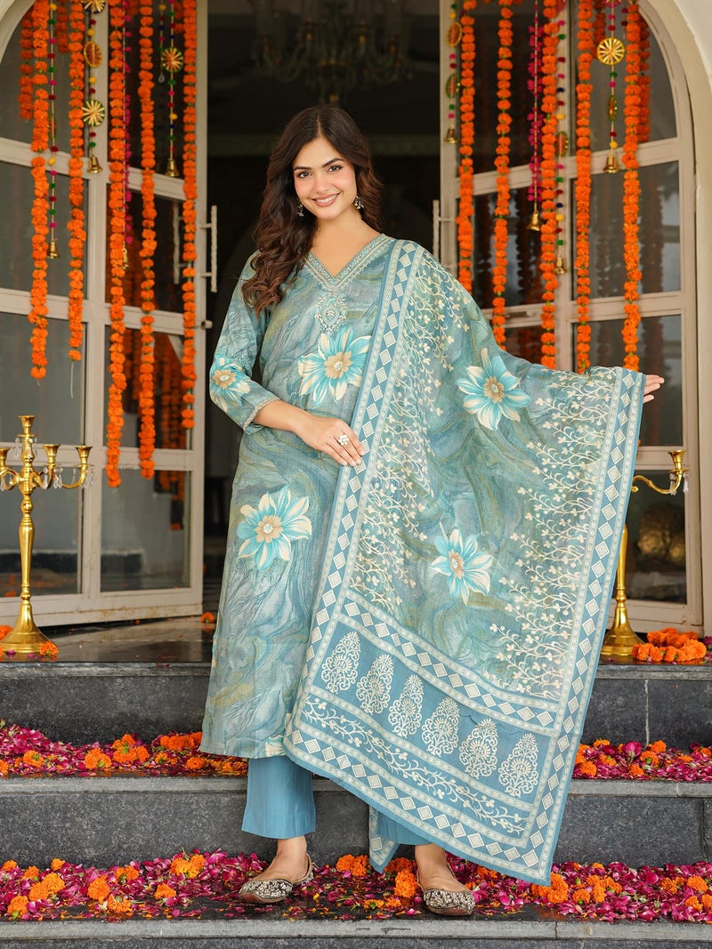 Vaamsi Women's Blue Viscose Rayon Embroidered Straight Floral Kurta Trousers With Dupatta Set | Daily Straight Kurta Set For Women | Floral Salwar Suit For Women (SKSKD3125, L) - Image 5