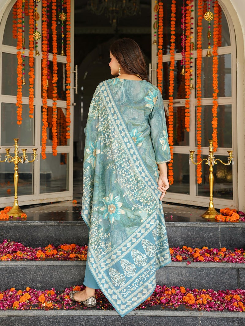 Vaamsi Women's Blue Viscose Rayon Embroidered Straight Floral Kurta Trousers With Dupatta Set | Daily Straight Kurta Set For Women | Floral Salwar Suit For Women (SKSKD3125, L) - Image 4
