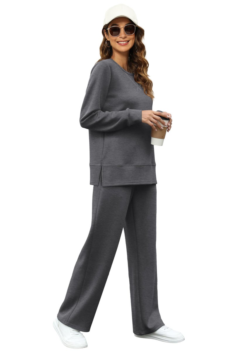 OFEEFAN Women Two Piece Outfits 2 PC Lounge Sets Fall Long Sleeve Travel Tracksuit Winter Track Suit Airport Loungewear Vacation Sweatsuit Wide Leg Sweatpants Matching Set Darkgrey L - Image 2
