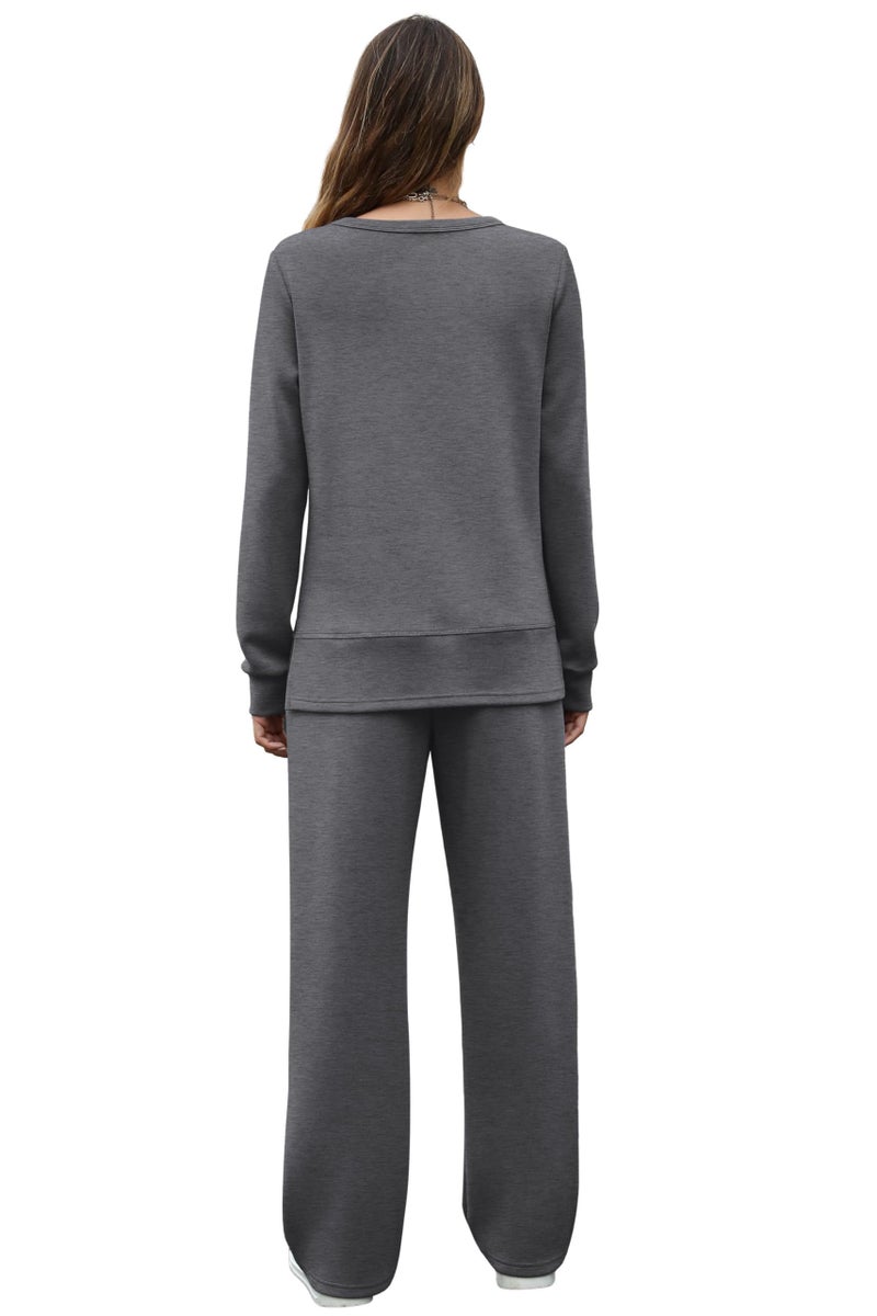 OFEEFAN Women Two Piece Outfits 2 PC Lounge Sets Fall Long Sleeve Travel Tracksuit Winter Track Suit Airport Loungewear Vacation Sweatsuit Wide Leg Sweatpants Matching Set Darkgrey L - Image 4