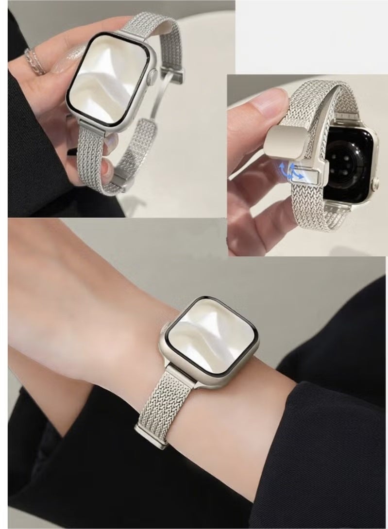 2 Pack Suitable For Apple Watch Wheat Ear Magnetic Metal Thin Strap, Women's Iwatch Series Thin Watch Strap 10/9/8/7/6/5/4/3/2/1 Beige White 38-40-41mm/S10【42mm】 - Image 5