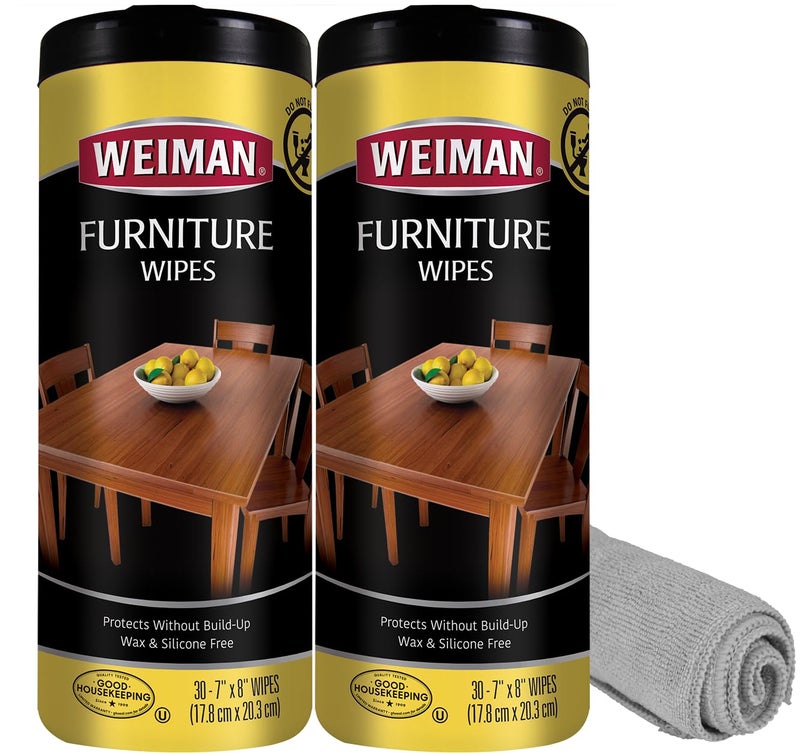 Weiman Wood Polish and Cleaning Wipes For Furniture Cleaner Protect from Watermarks Stains Aging No BuildUp UVX15 Prevent Drying Fading Discoloration 2 Pack with Microfiber Cloth - Image 2